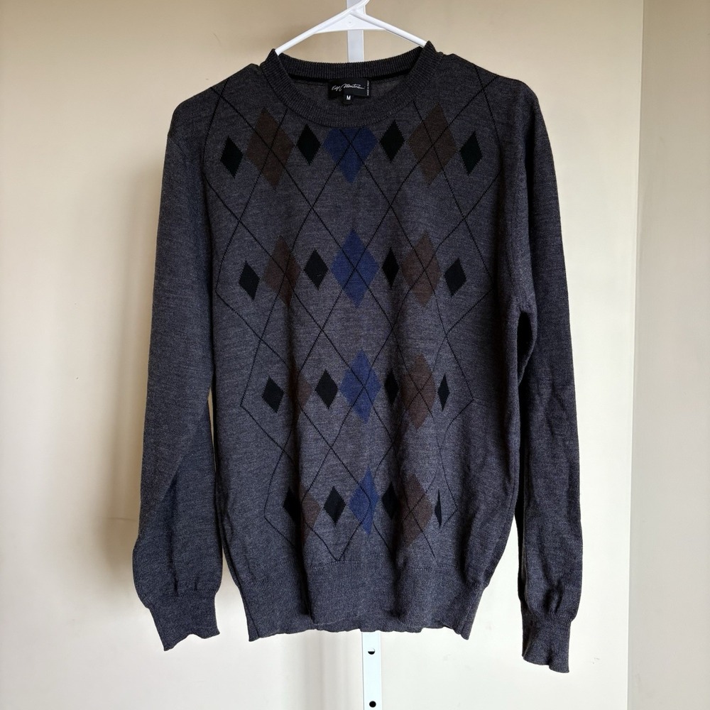 Enzo Montovani Argyle Merino Wool Sweater Black and Gray Medium
